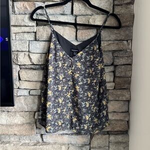 Frank & Oak Black Floral V-Neck Satin Cami with Yellow Accents